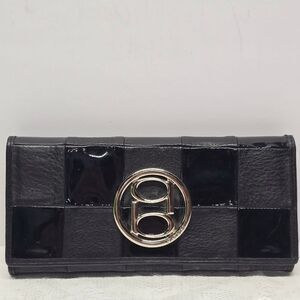 BEBE Vintage Checked Genuine Black Mixed Leather Trifold Wallet Checkbook Holder